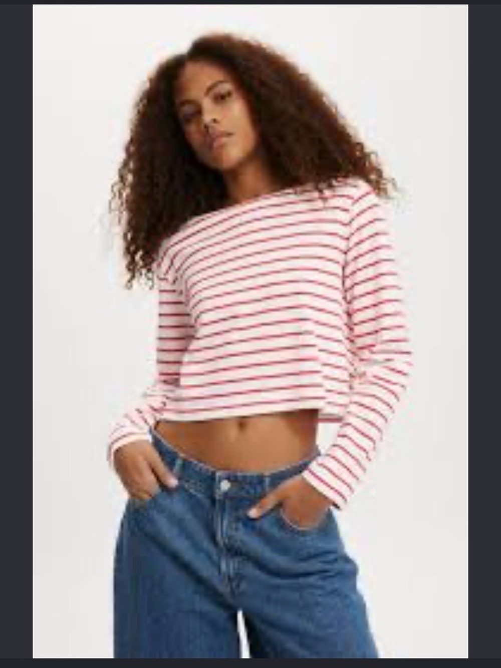 Cotton On White Cropped Long-Sleeve Top with Red Stripes